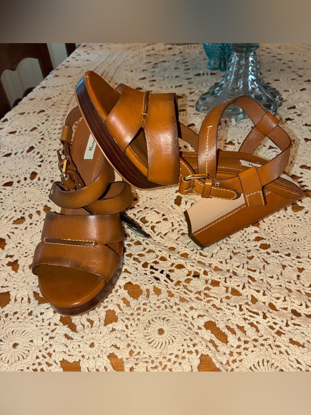 NWT Massimo Dutti Whiskey Brown Strappy Block Heels